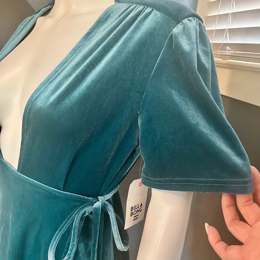 Billabong Teal Blue Velvet Wrap Tassel Mini Dress - Picture 6 of 15